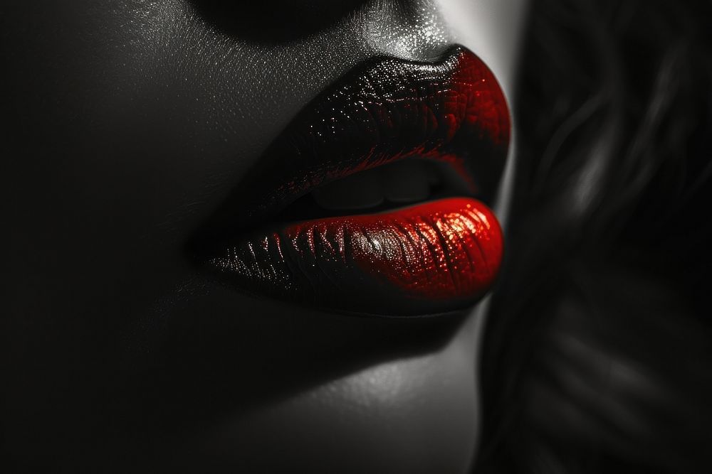 Woman with red lip monochrome cosmetics black.
