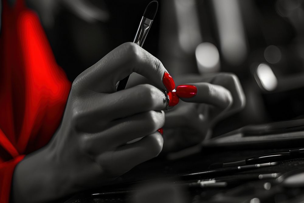 Woman painting red nails cosmetics monochrome finger.