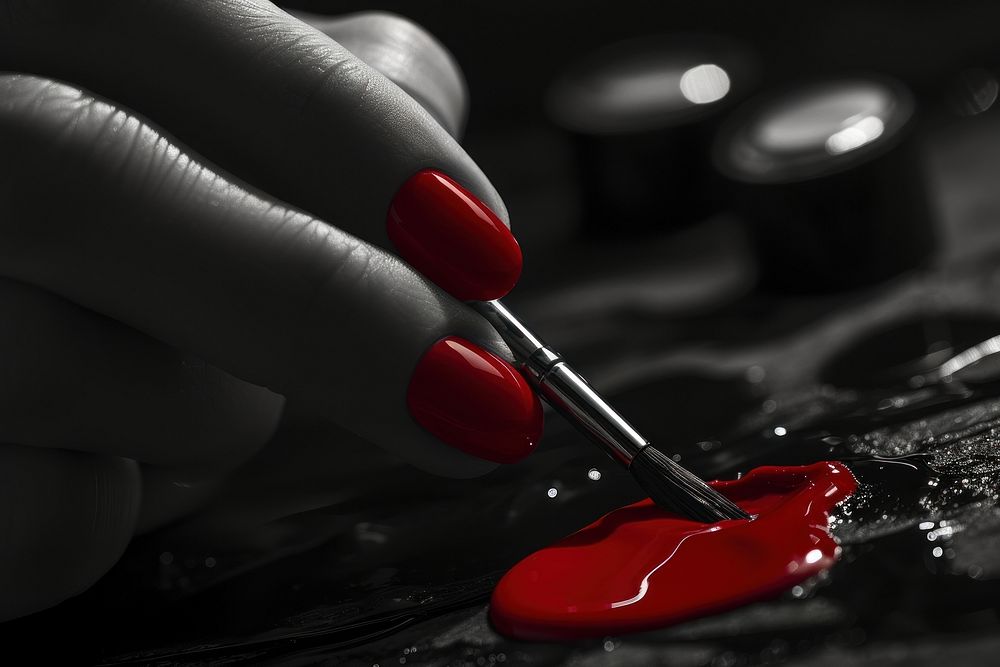 Woman painting red nails cosmetics monochrome black.