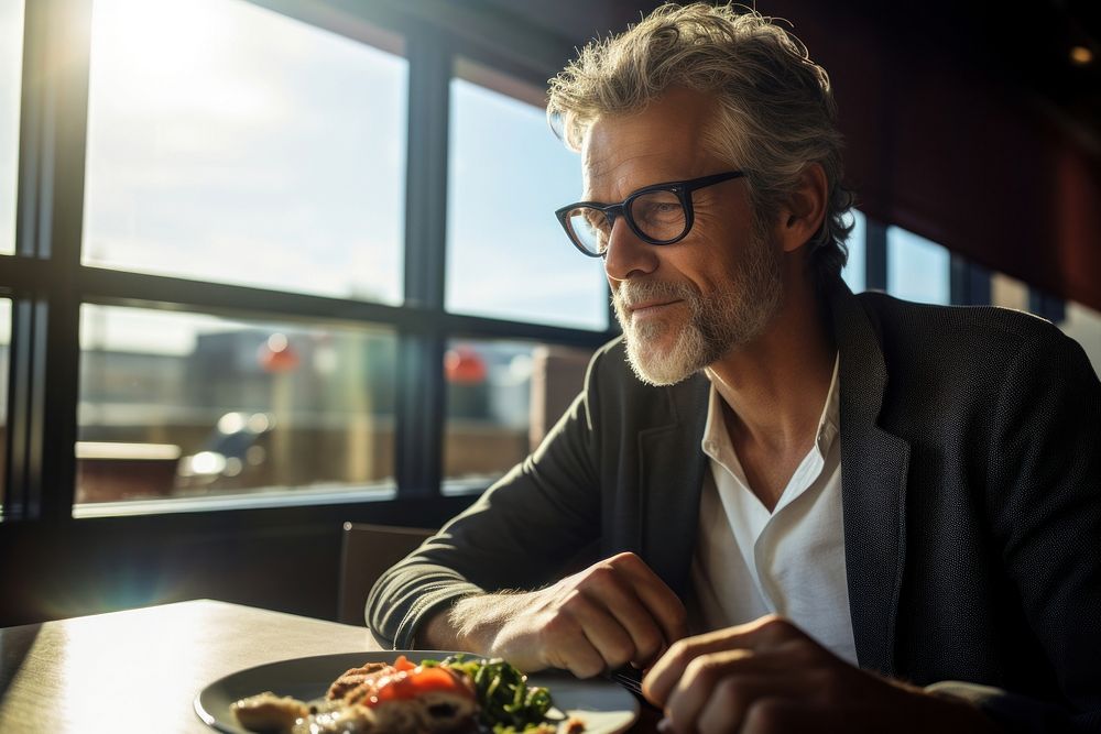 Middle age man eating in a restaurant portrait glasses table.