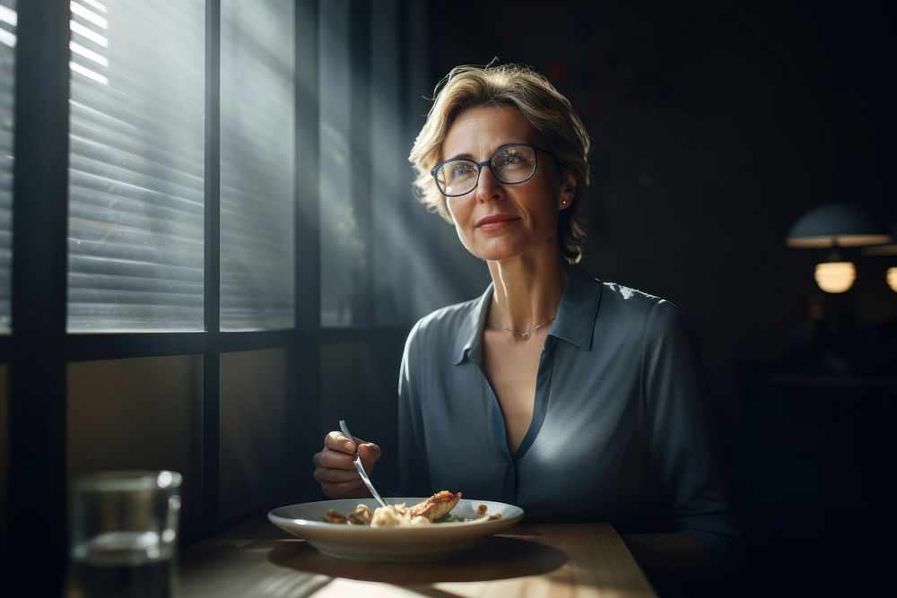 Middle age woman eating in a restaurant portrait glasses table.