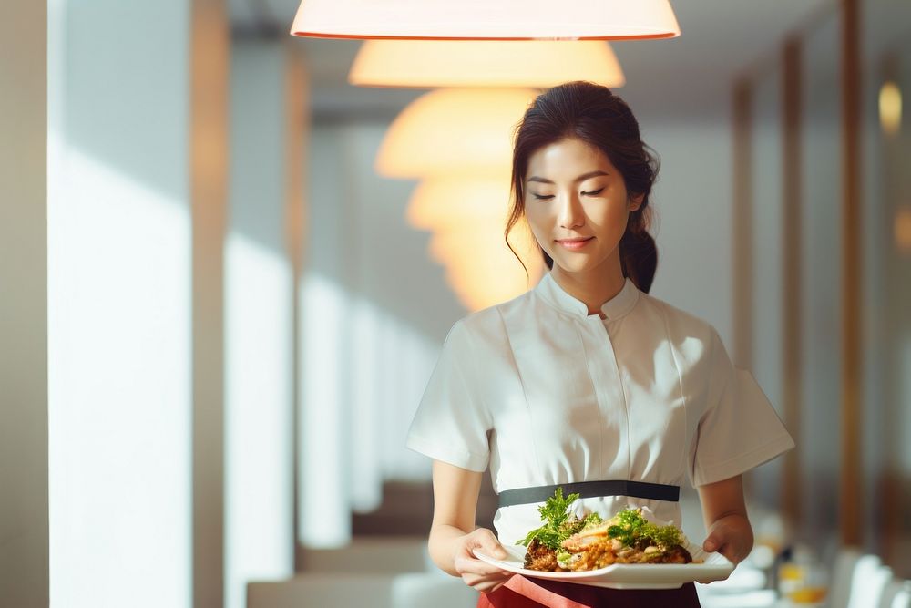 Asian waitress serving food restaurant chef vegetable.