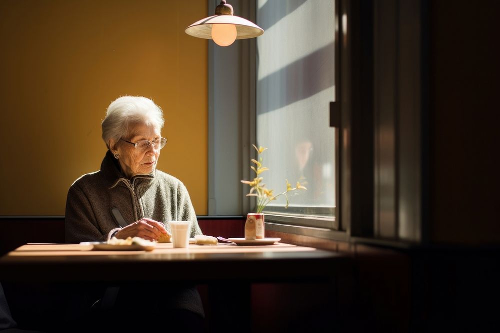 Old lady eating in a restaurant furniture sitting table.