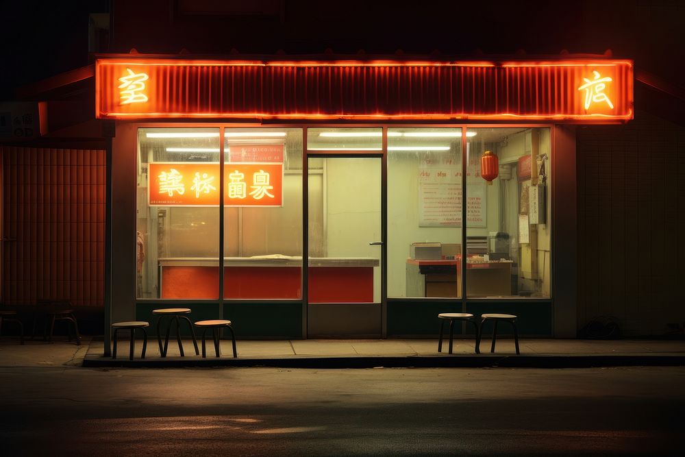 Chinese takeaway restaurant light architecture illuminated.