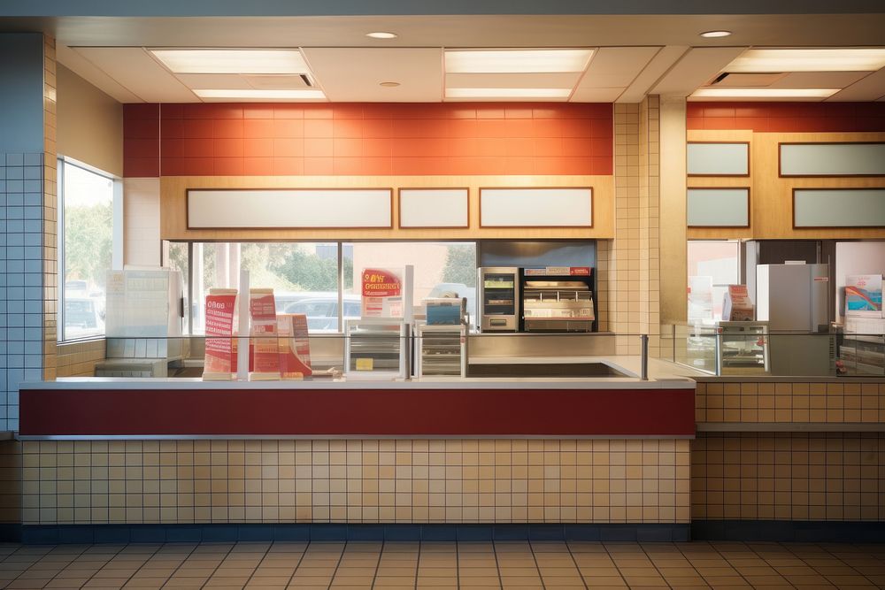 Fast food restaurant counter cafeteria transportation architecture.