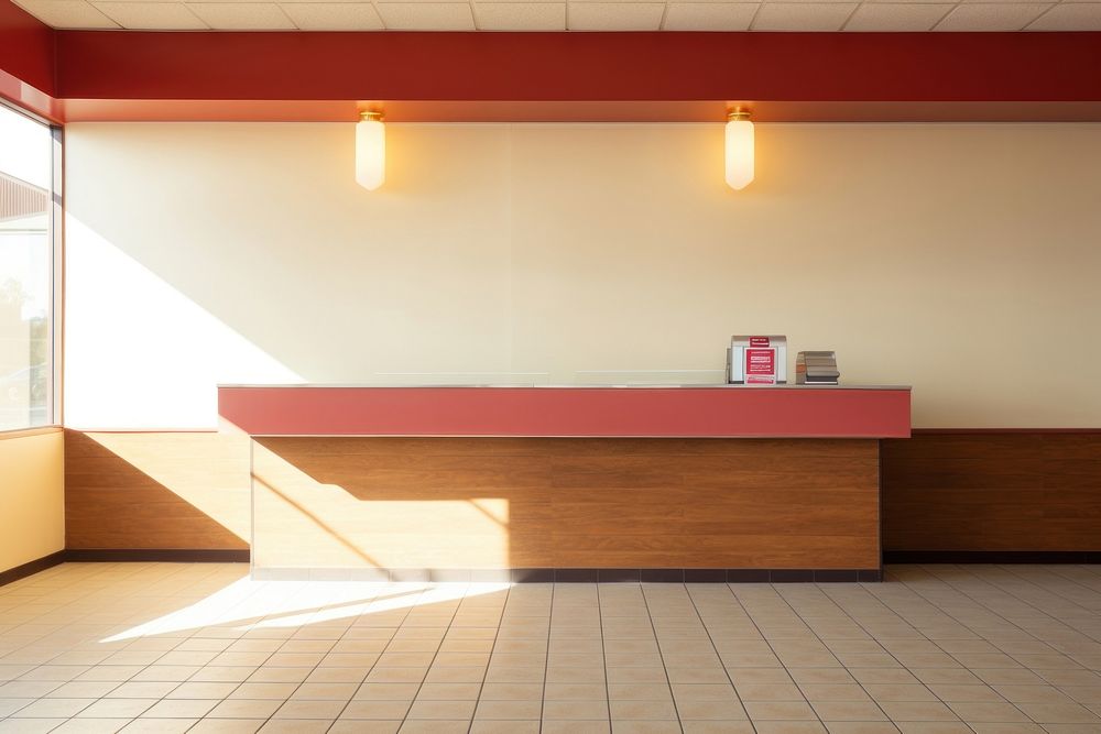 Fast food restaurant counter furniture floor architecture.