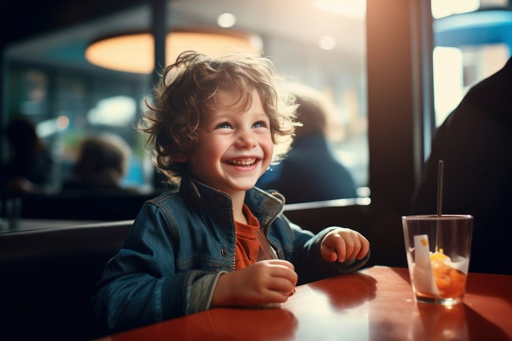 Happy kid eating in a restaurant portrait child glass.