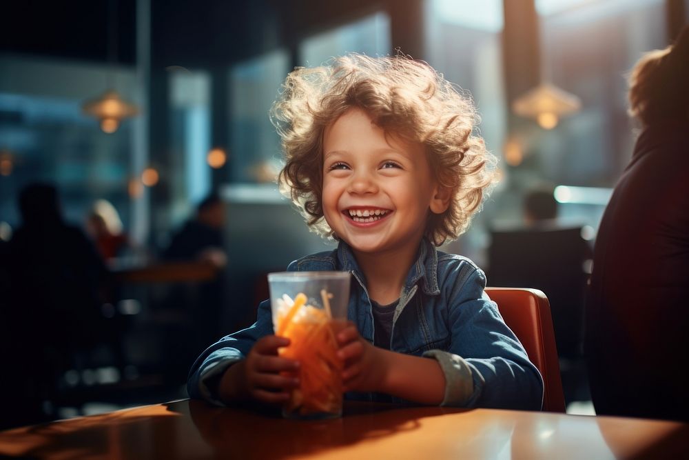 Happy kid eating in a restaurant portrait photo illuminated.