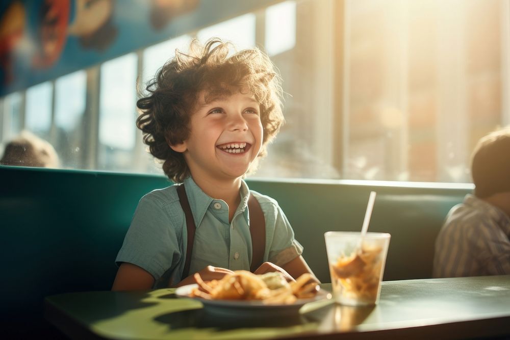 Happy kid eating in a restaurant portrait smile photo.