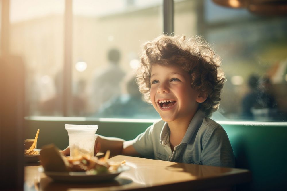 Happy kid eating in a restaurant portrait child table.