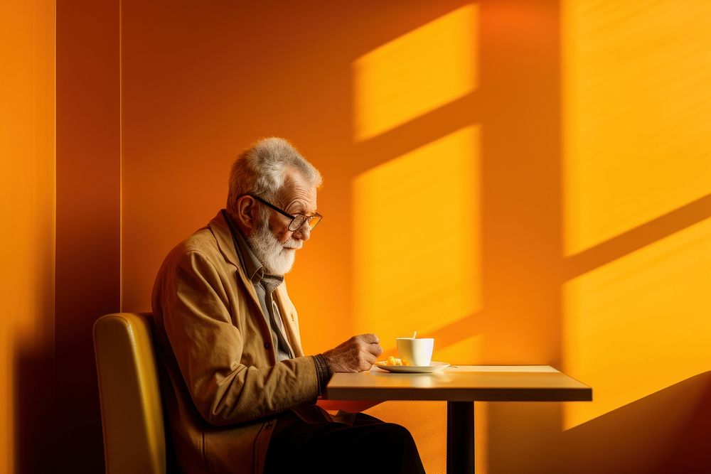Senior citizen eating in a restaurant furniture sitting chair.