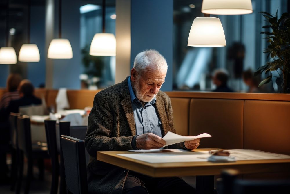 Senior citizen eating in a restaurant furniture reading table.