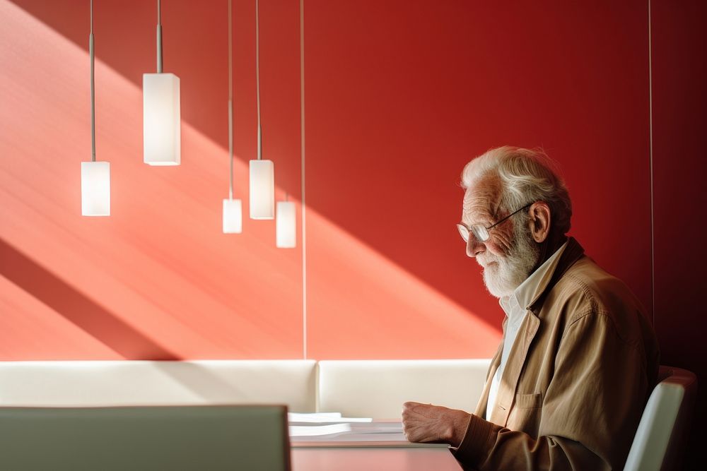 Senior citizen eating in a restaurant adult lamp contemplation.