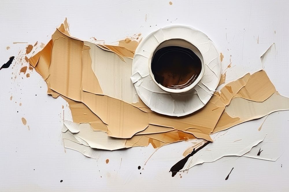 Abstract coffee cup ripped paper art refreshment tableware.