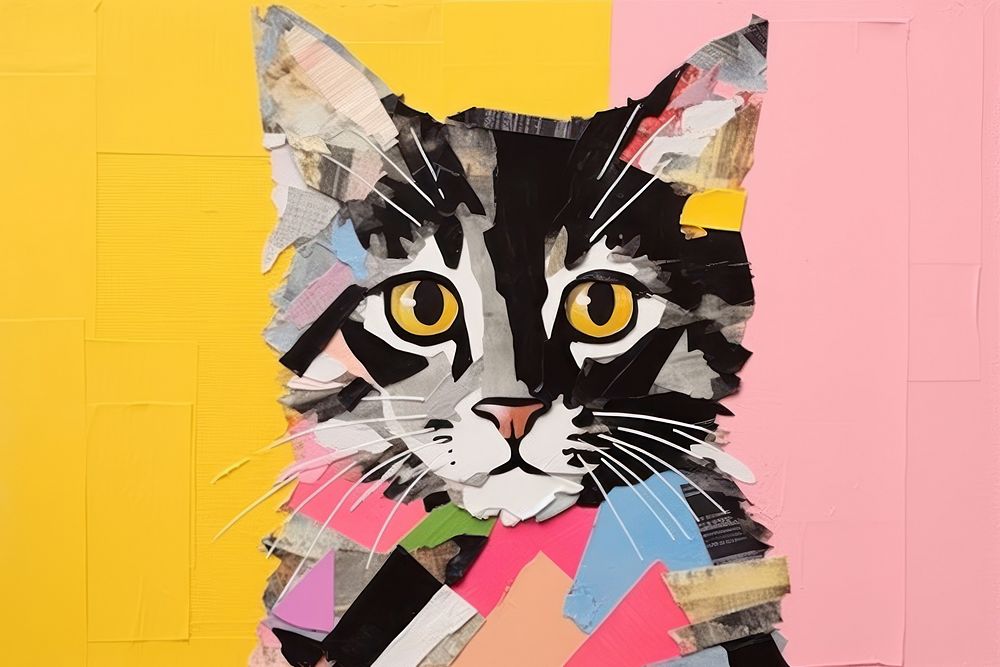 Abstract cute exotic cat ripped paper art painting animal.