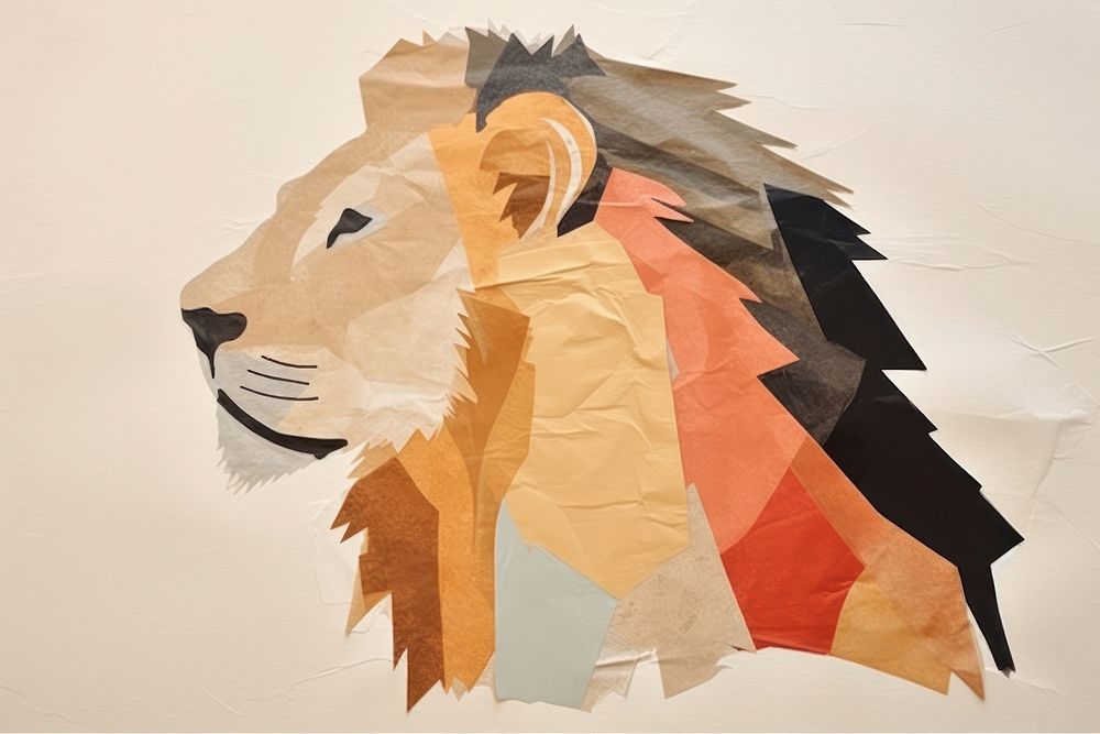 Abstract cute lion ripped paper art painting animal.