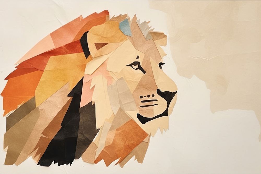 Abstract cute lion ripped paper art painting representation.