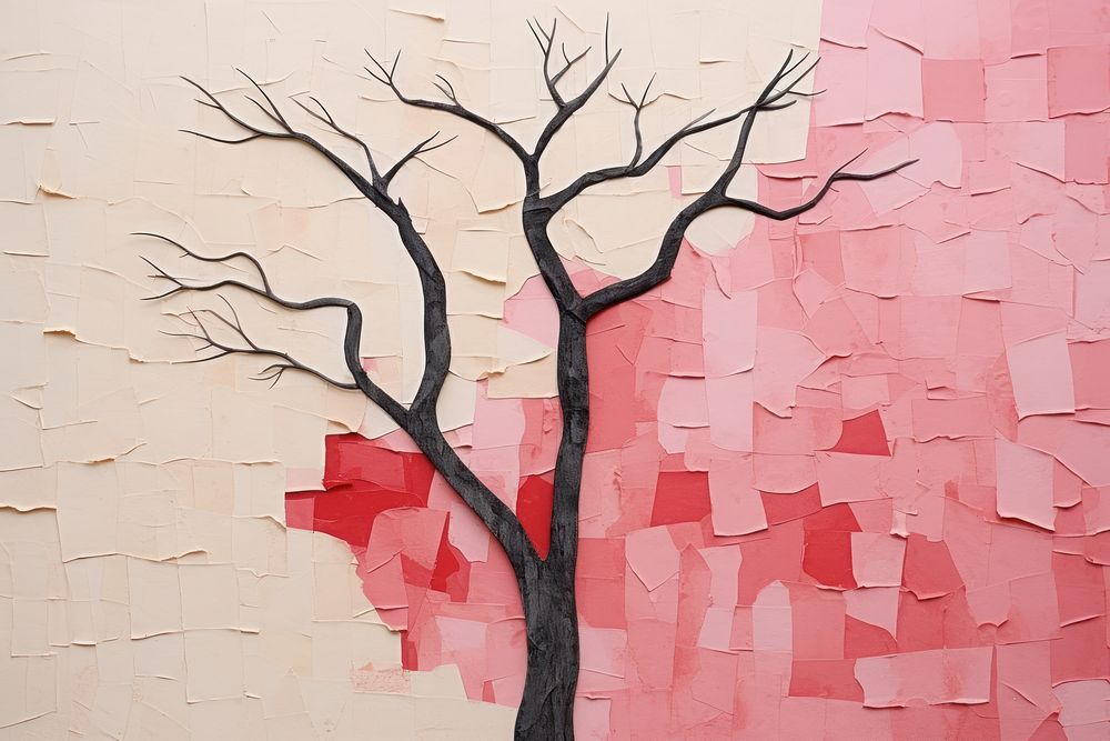 Simple abstract cute tree ripped paper collage art painting wall.