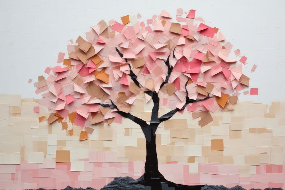 Simple abstract cute tree ripped paper collage art plant creativity.