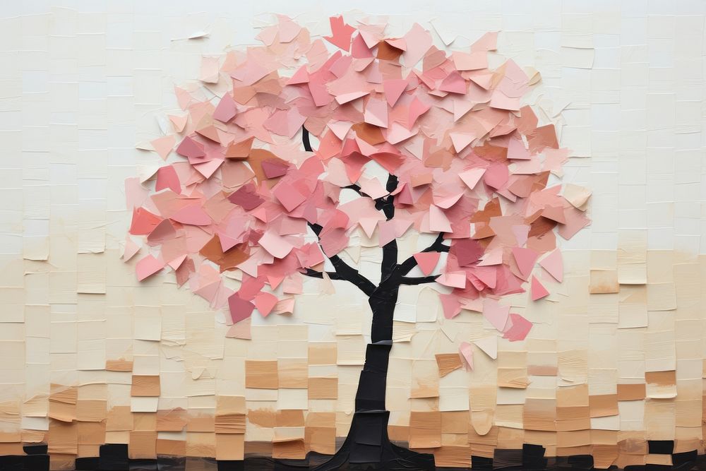 Simple abstract cute tree ripped paper collage art plant wall.