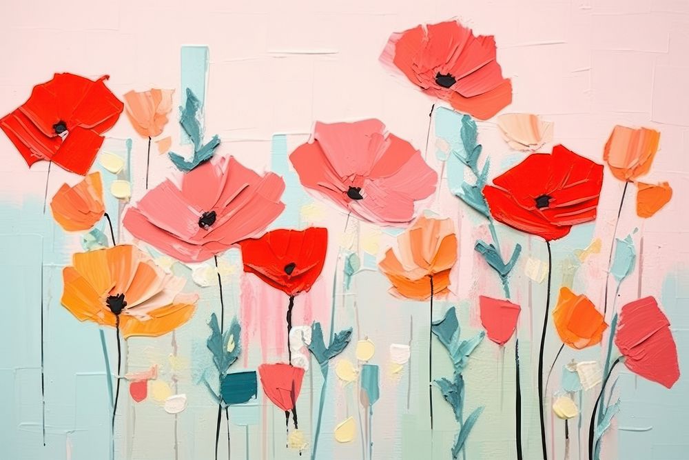 Abstract flowers ripped paper art painting poppy.