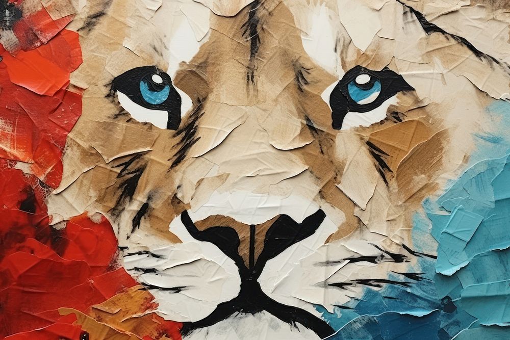 Abstract lion of ripped paper art painting representation.