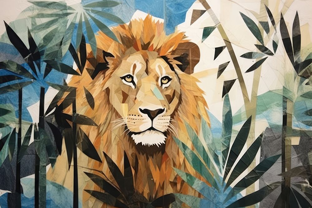Abstract lion in tropical forest ripped paper art wildlife painting.