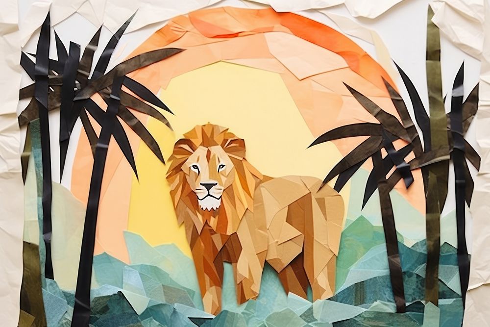 Abstract lion in tropical forest ripped paper art mammal animal.
