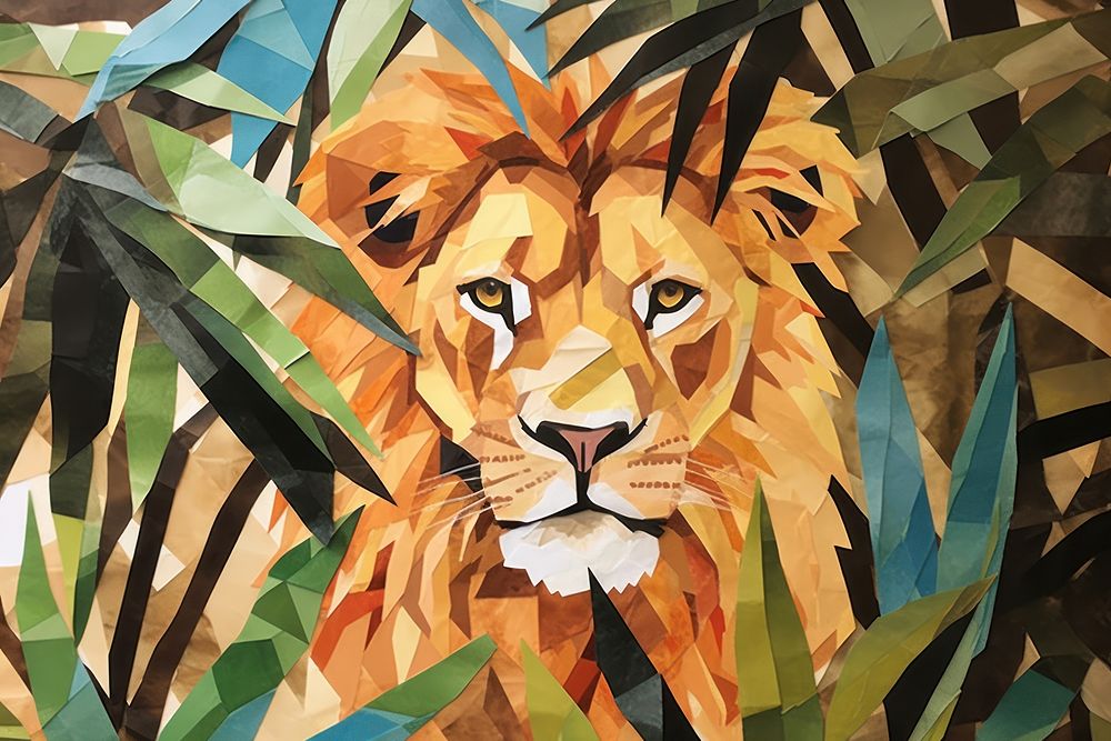 Abstract lion in tropical forest ripped paper art wildlife mammal.