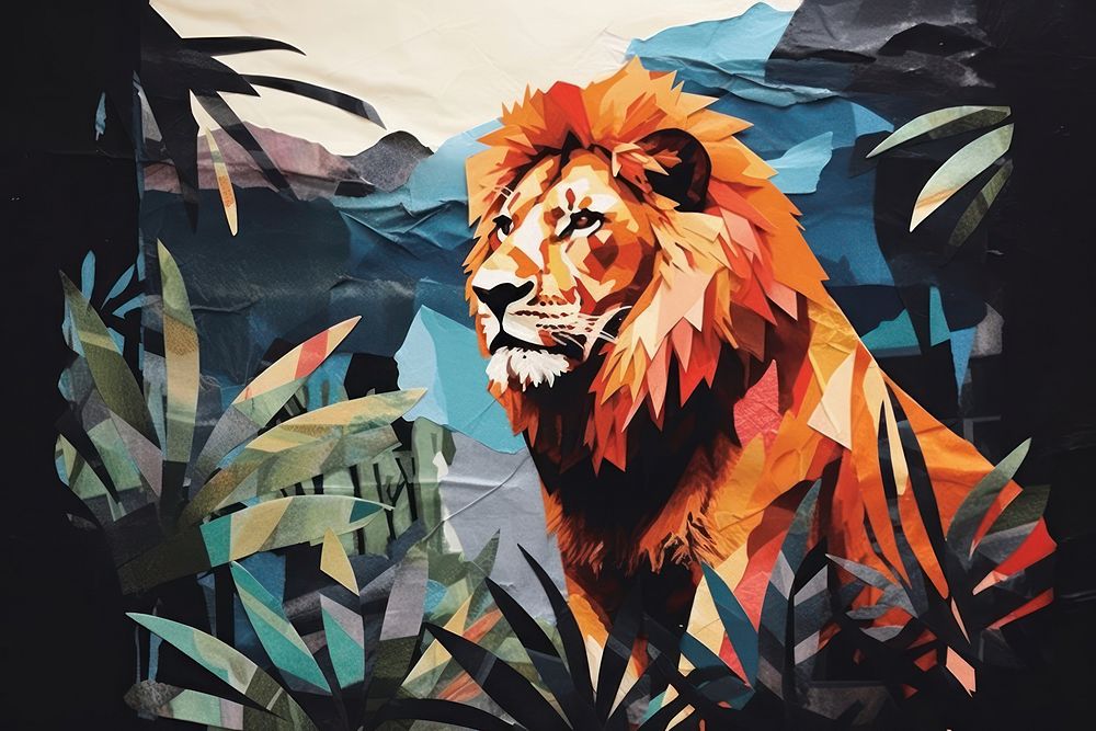 Abstract lion in tropical forest ripped paper art painting mammal.