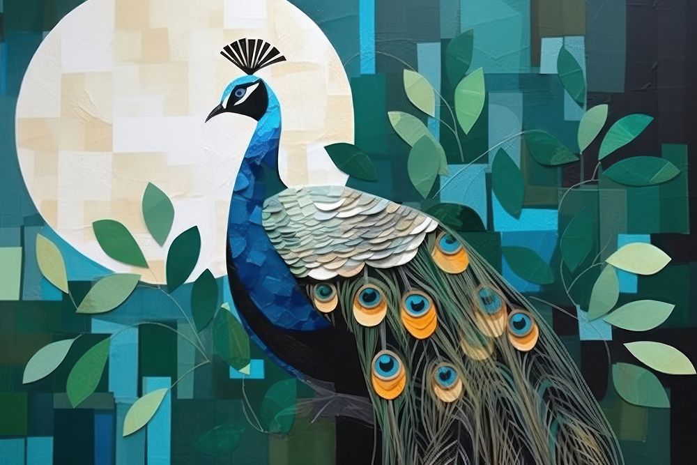 Abstract peacock with tropical forest ripped paper art animal bird.
