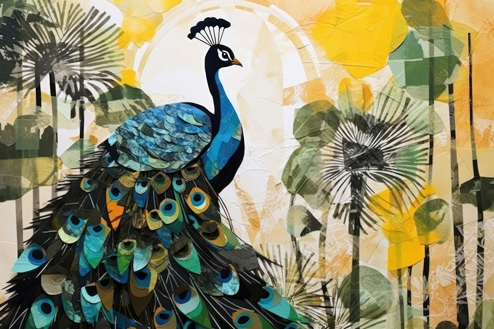 Abstract peacock with tropical forest ripped paper art painting animal.