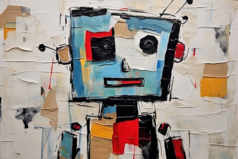 Abstract robot ripped paper art painting collage.
