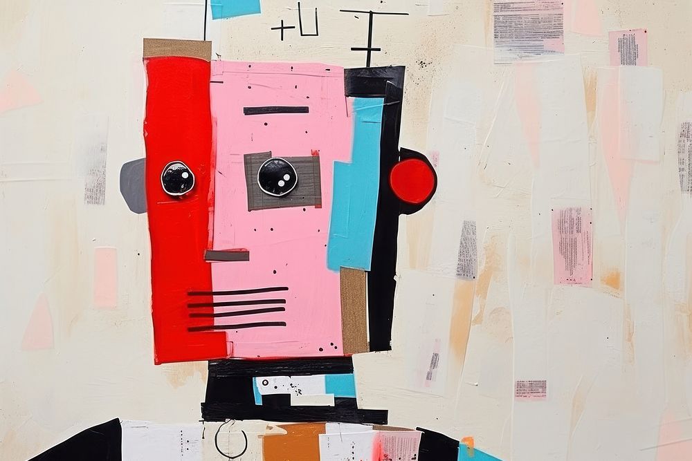 Abstract robot ripped paper art painting collage.