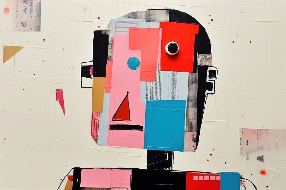 Abstract robot ripped paper collage art painting.