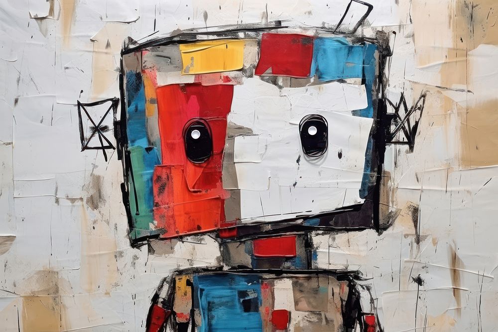 Abstract robot ripped paper art painting representation.
