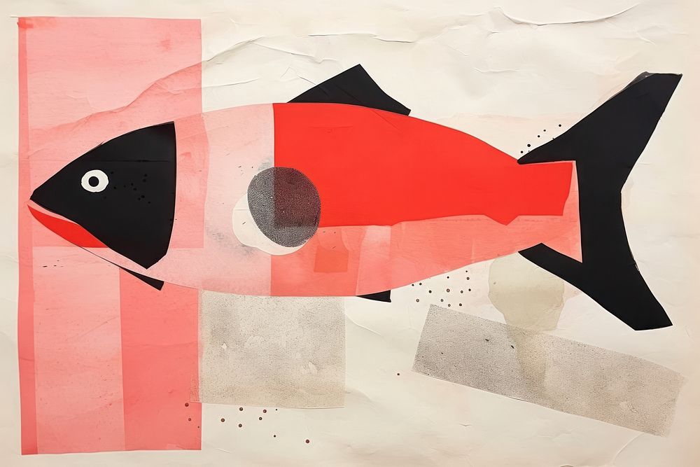 Abstract salmon fish ripped paper art painting animal.