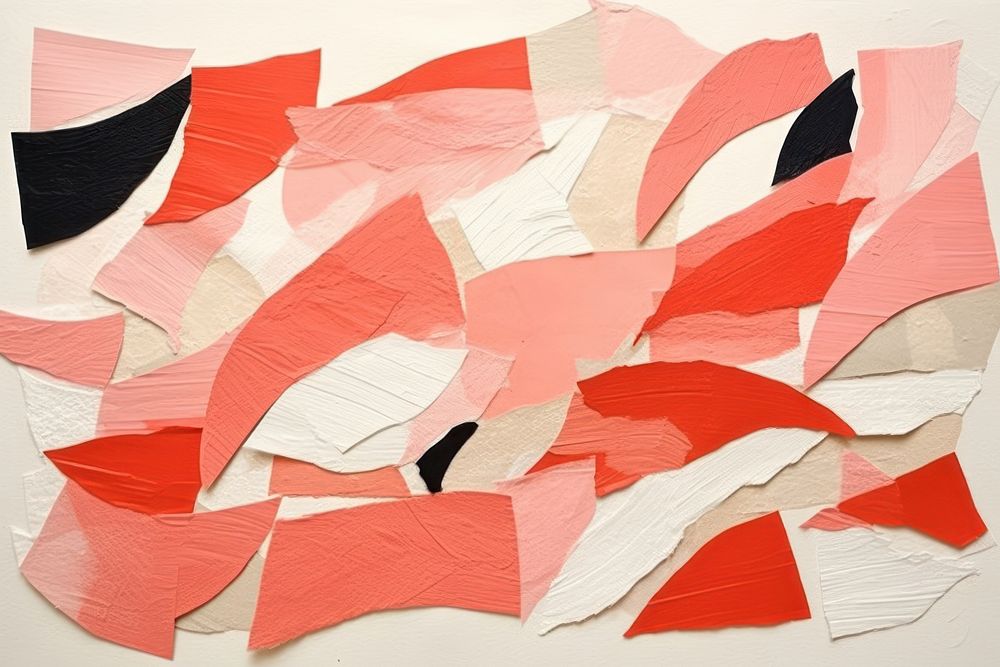 Abstract salmon fish ripped paper art collage wall.