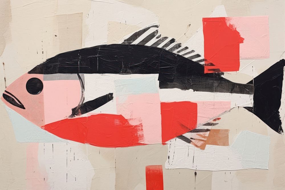 Abstract salmon fish ripped paper art painting collage.