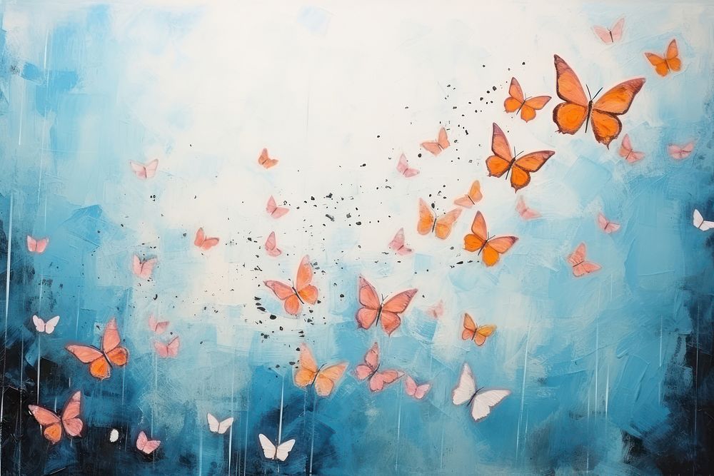 Flock of butterflies flying in the sky painting paper art.