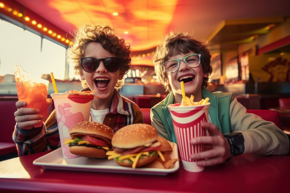 Kids in fast food restaurant laughing happy togetherness.
