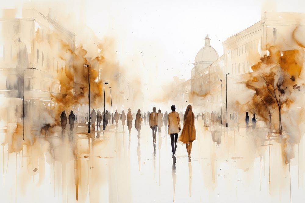 People walking in the street watercolor background painting city architecture.