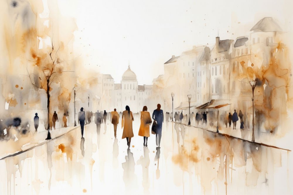 People walking in the street watercolor background painting city architecture.