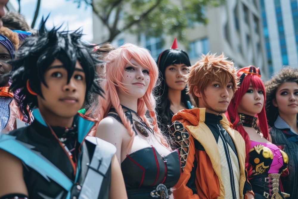 Group of cosplayer community costume adult togetherness.