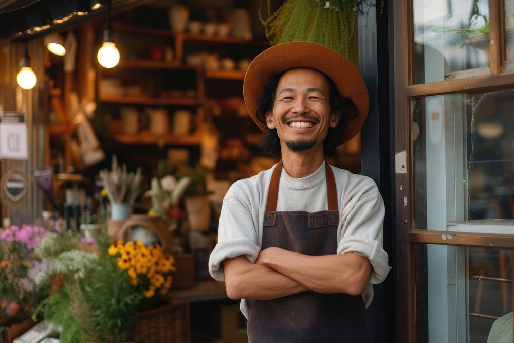 Cheerful small man business owner standing smiling adult.