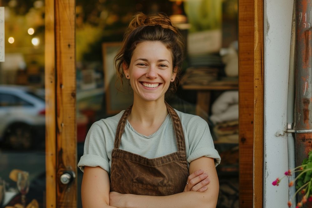 Cheerful small business owner standing smiling smile.