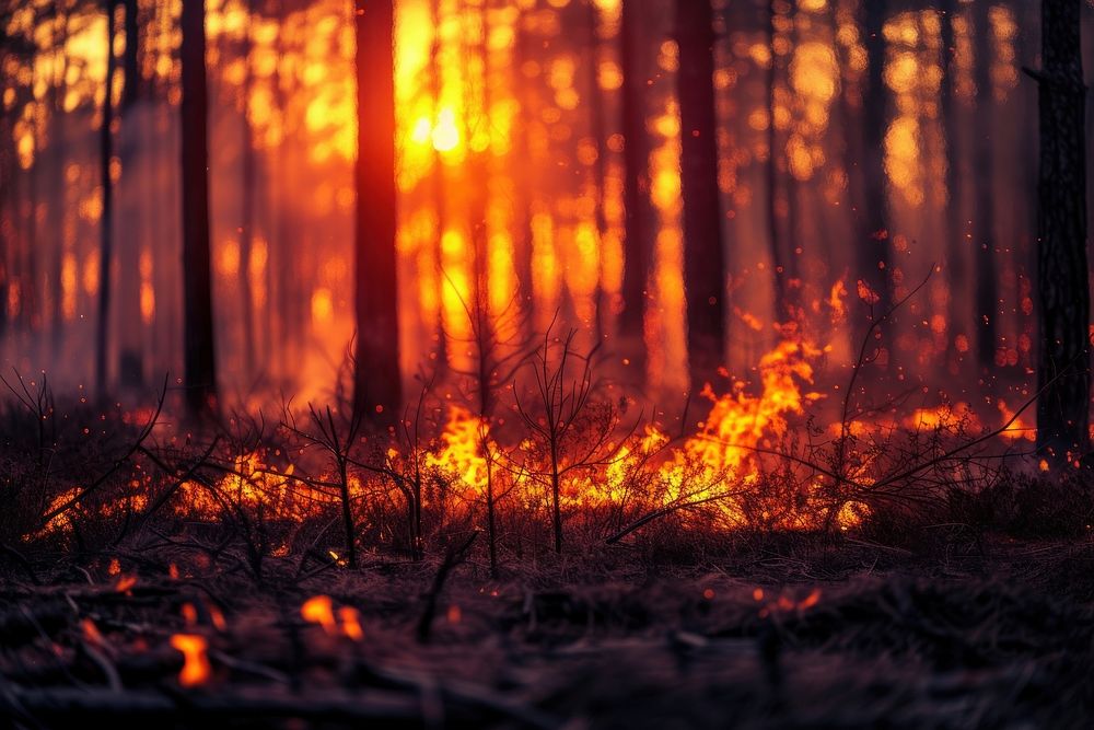 Fire burns in the background of a forest light tranquility destruction.