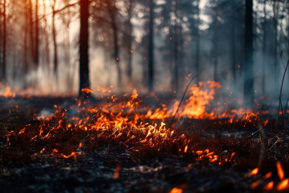 Fire burns in the background of a forest bonfire tranquility destruction.