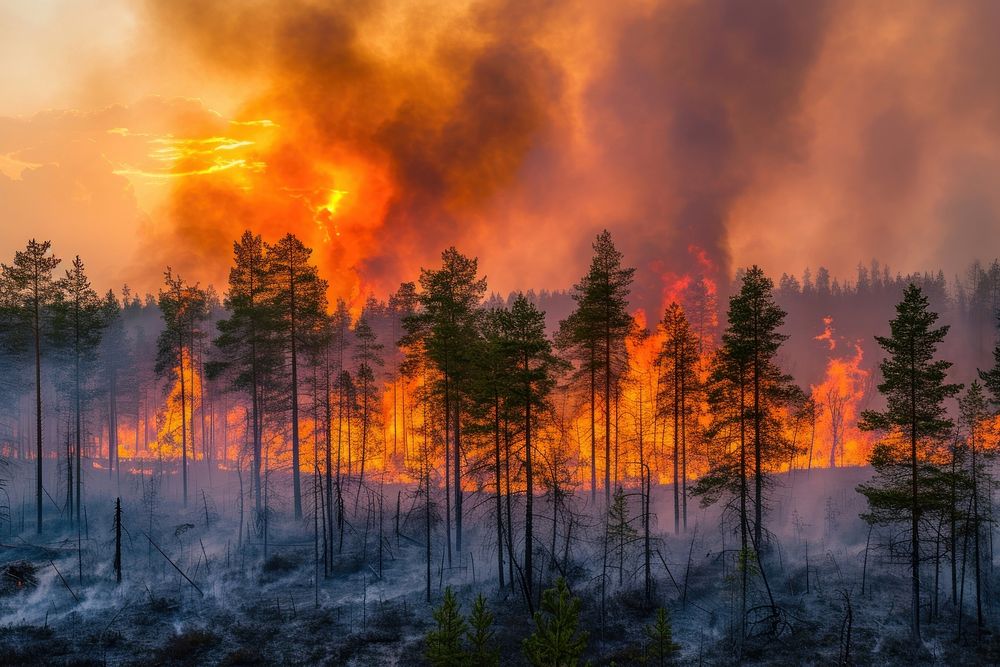 Fire burns in the background of a forest tranquility destruction landscape.