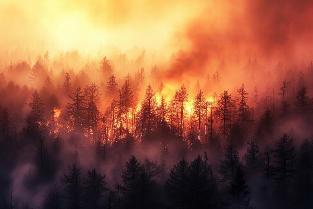 Fire burns in the background of a forest backgrounds tranquility landscape.